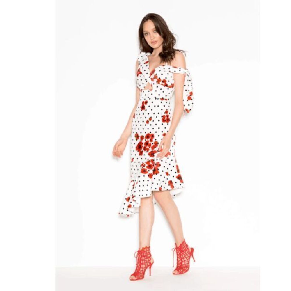 ASOS Design Rose Polka Dot Pephem Midi Dress Ruffle One Shoulder Unique High Low